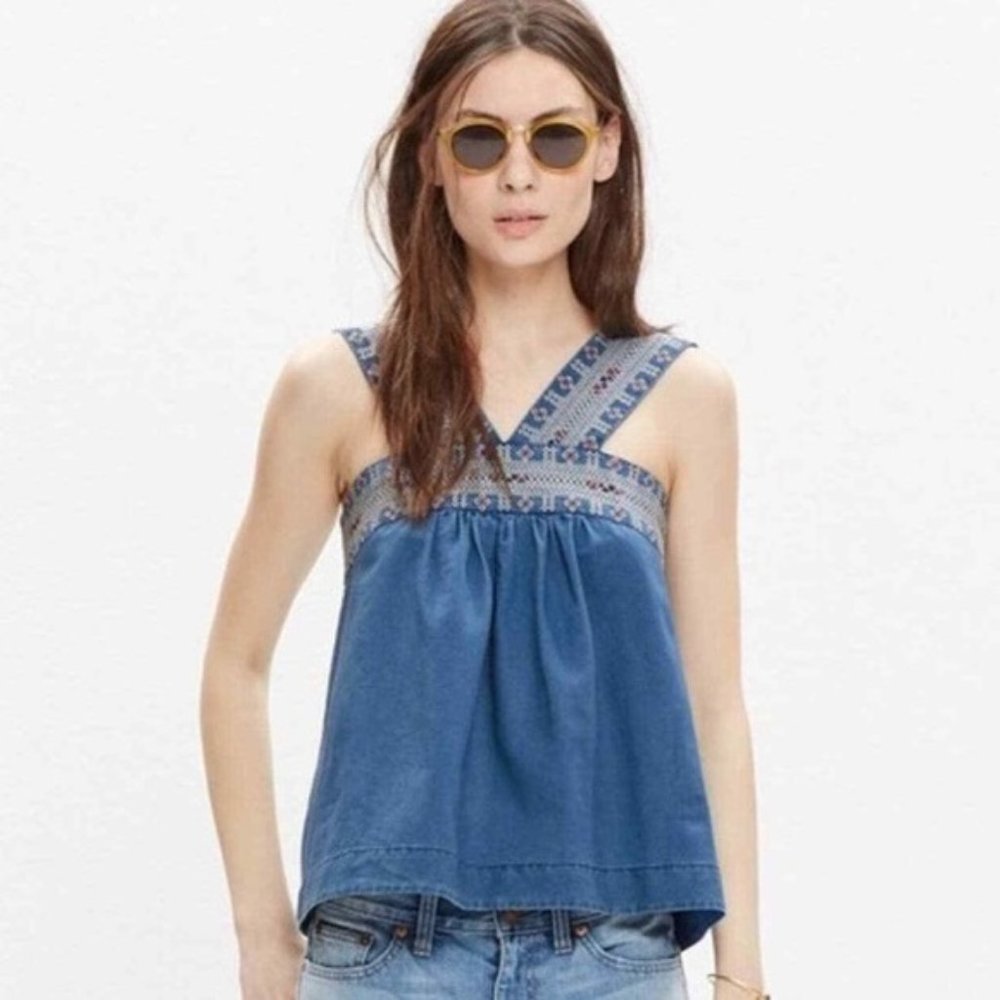Madewell Linen Denim Blend Embroidered Siesta Chambray Swing Tank Top Size 6